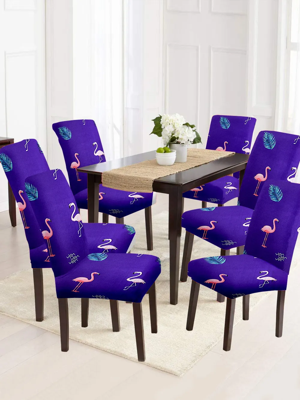 Cortina Spandex Stretchable Navy Blue Abstract Print Polyester Chair Cover (Set of 2, 4 & 6)