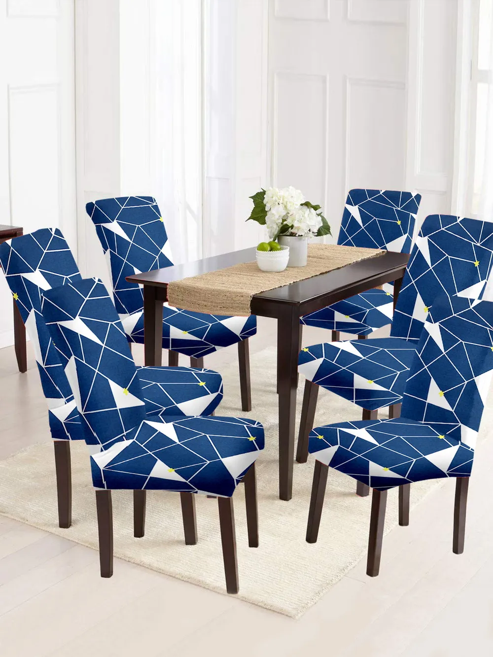 Cortina Spandex Stretchable Navy Blue Geometric Print Polyester Chair Cover (Set of 2, 4 & 6)