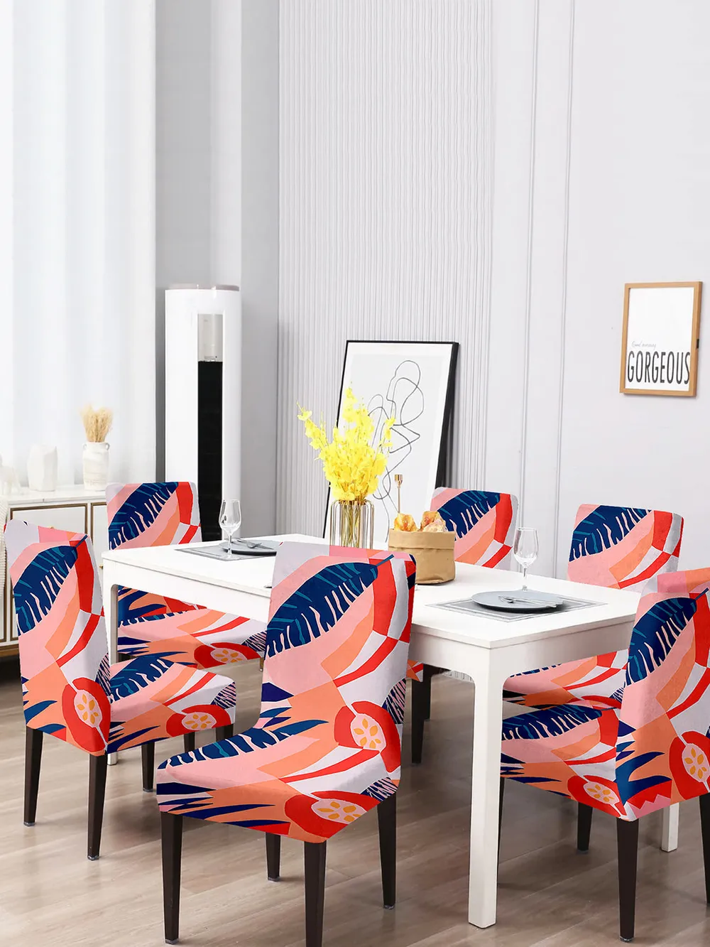 Cortina Spandex Stretchable Orange Animal Printed Polyester Chair Cover (Set of 2, 4 & 6)