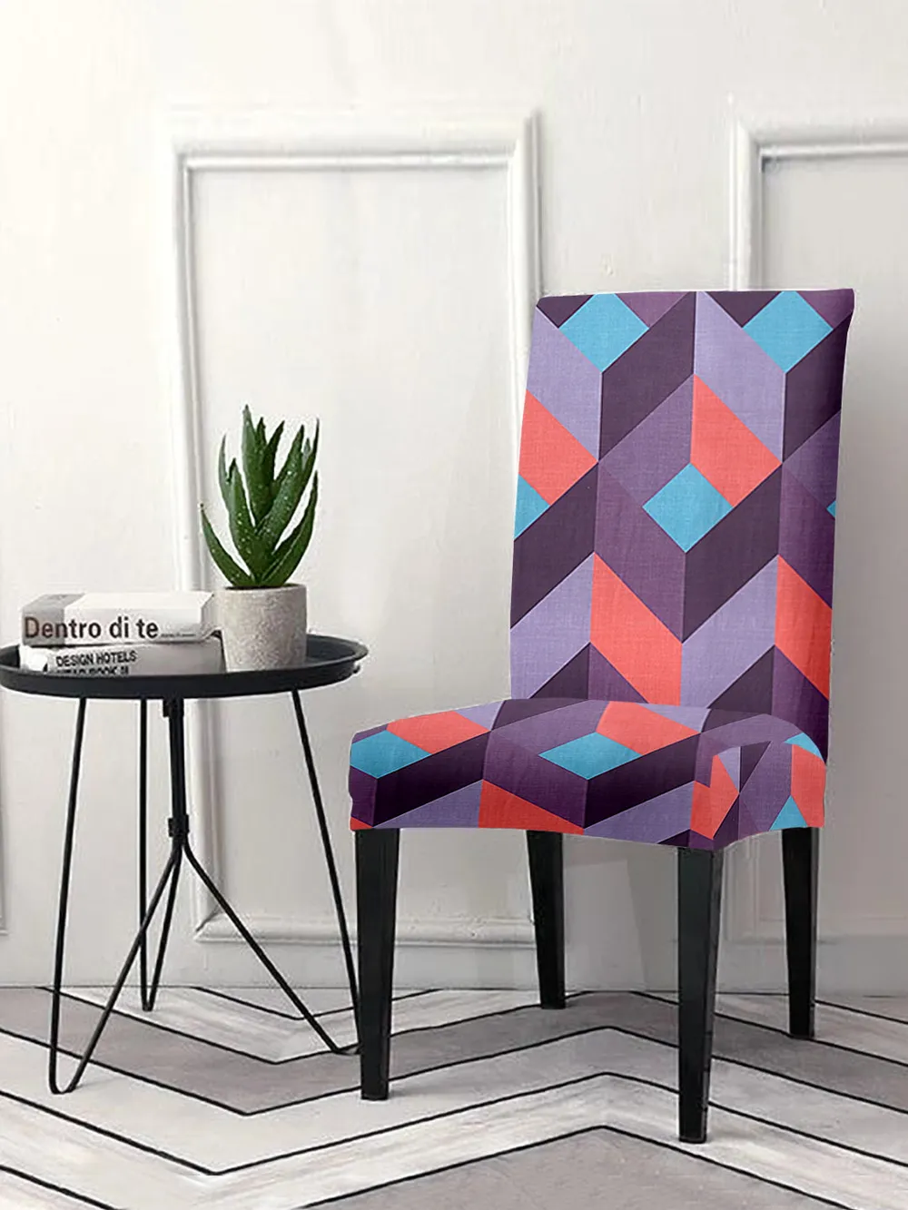 Cortina Spandex Stretchable Pink Geometric Print Polyester Chair Cover (Set of 2, 4 & 6)