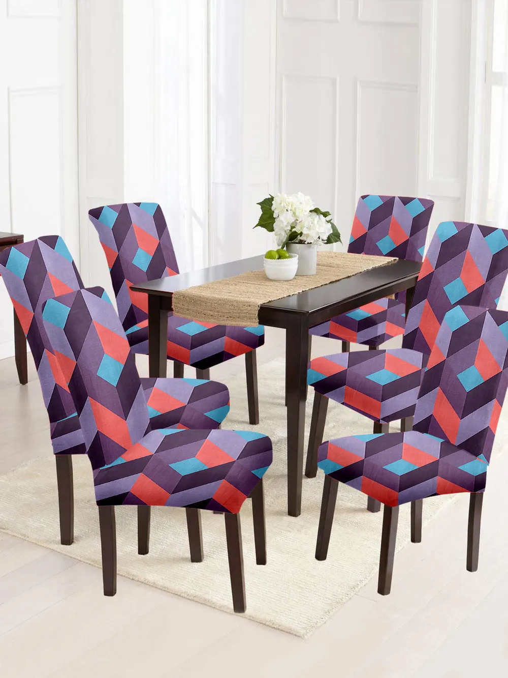 Cortina Spandex Stretchable Pink Geometric Print Polyester Chair Cover (Set of 2, 4 & 6)