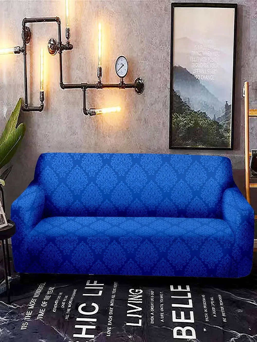 Cortina Spandex Stretchable Traditional Motif Blue Sofa Slipcover