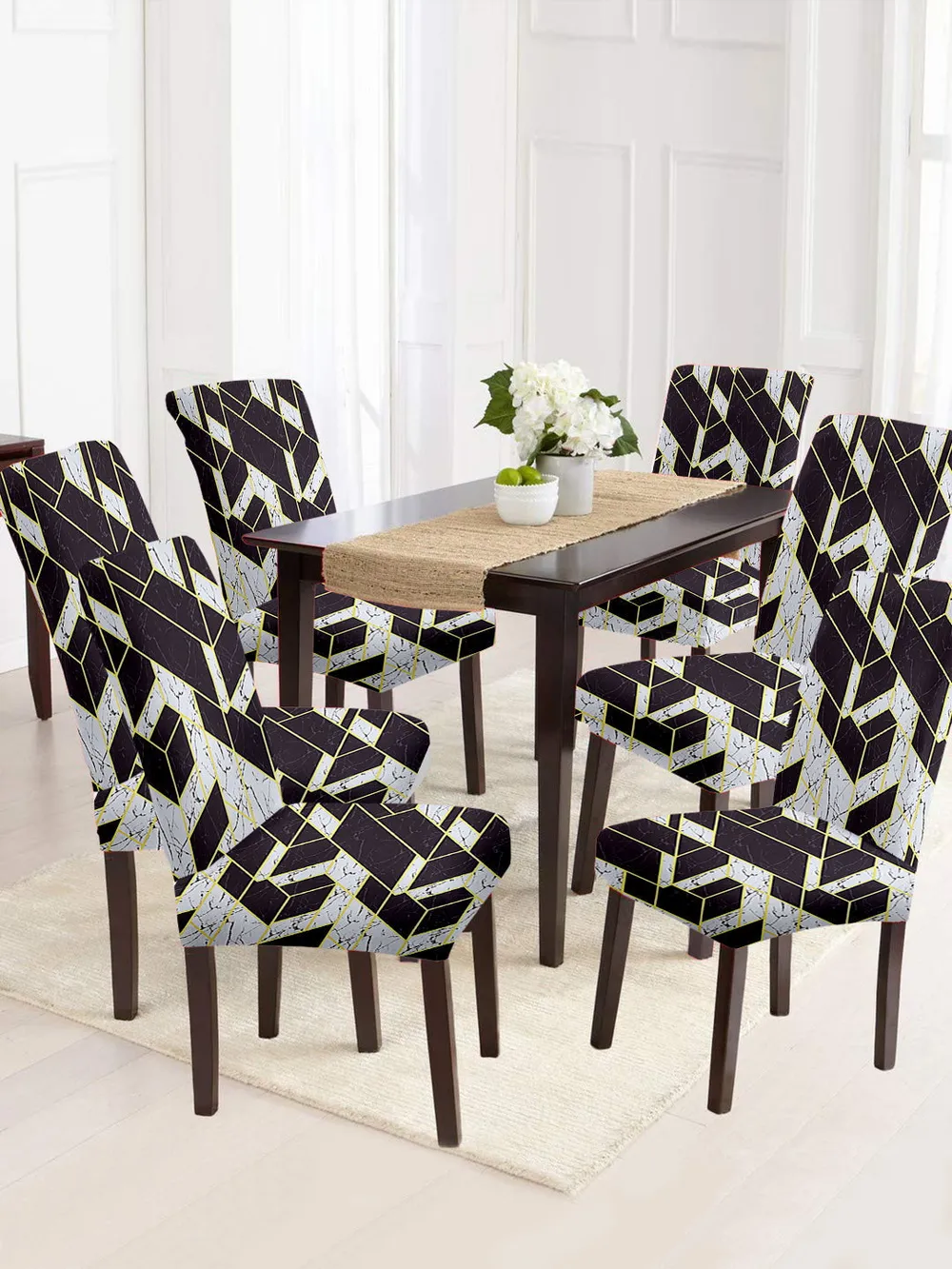 Cortina Spandex Stretchable White Geometric Print Polyester Chair Cover (Set of 2, 4 & 6)