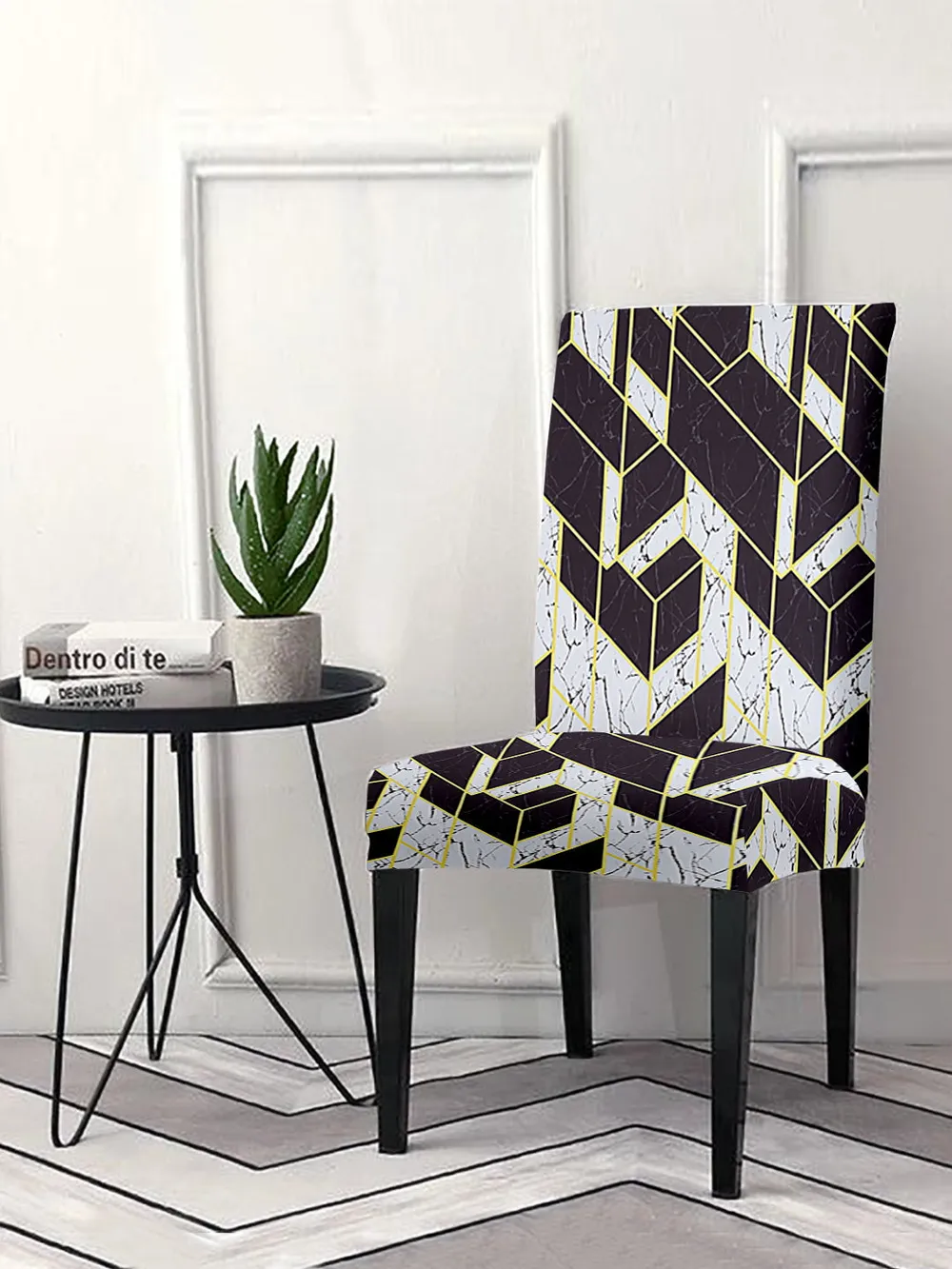 Cortina Spandex Stretchable White Geometric Print Polyester Chair Cover (Set of 2, 4 & 6)