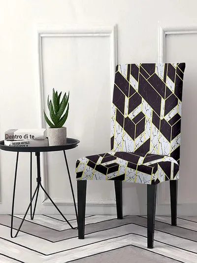 Cortina Spandex Stretchable White Geometric Print Polyester Chair Cover (Set of 2, 4 & 6)