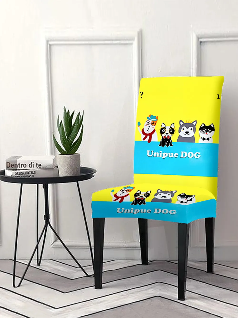 Cortina Spandex Stretchable Yellow Cartoon Print Polyester Chair Cover (Set of 2, 4 & 6)