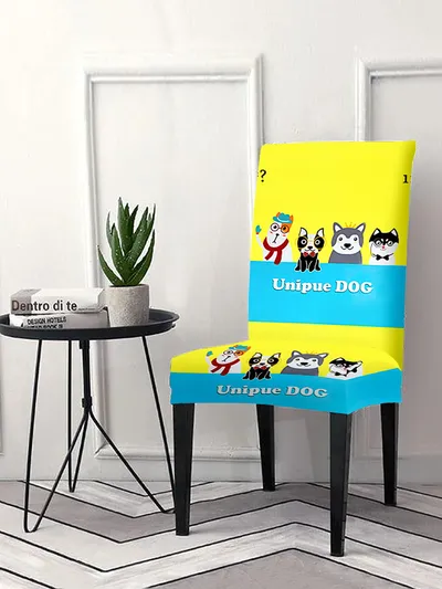 Cortina Spandex Stretchable Yellow Cartoon Print Polyester Chair Cover (Set of 2, 4 & 6)