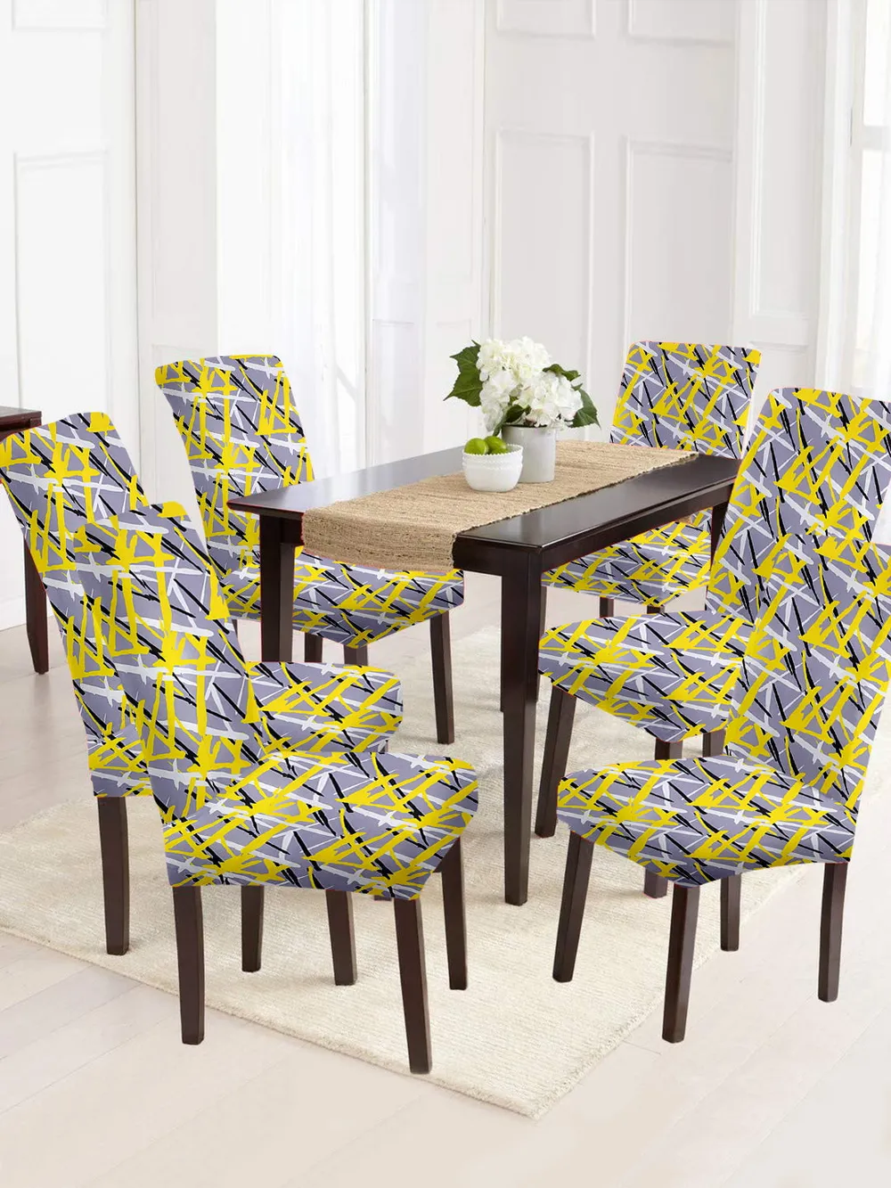 Cortina Spandex Stretchable Yellow Geometric Print Polyester Chair Cover (Set of 2, 4 & 6)