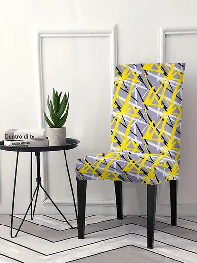 Cortina Spandex Stretchable Yellow Geometric Print Polyester Chair Cover (Set of 2, 4 & 6)