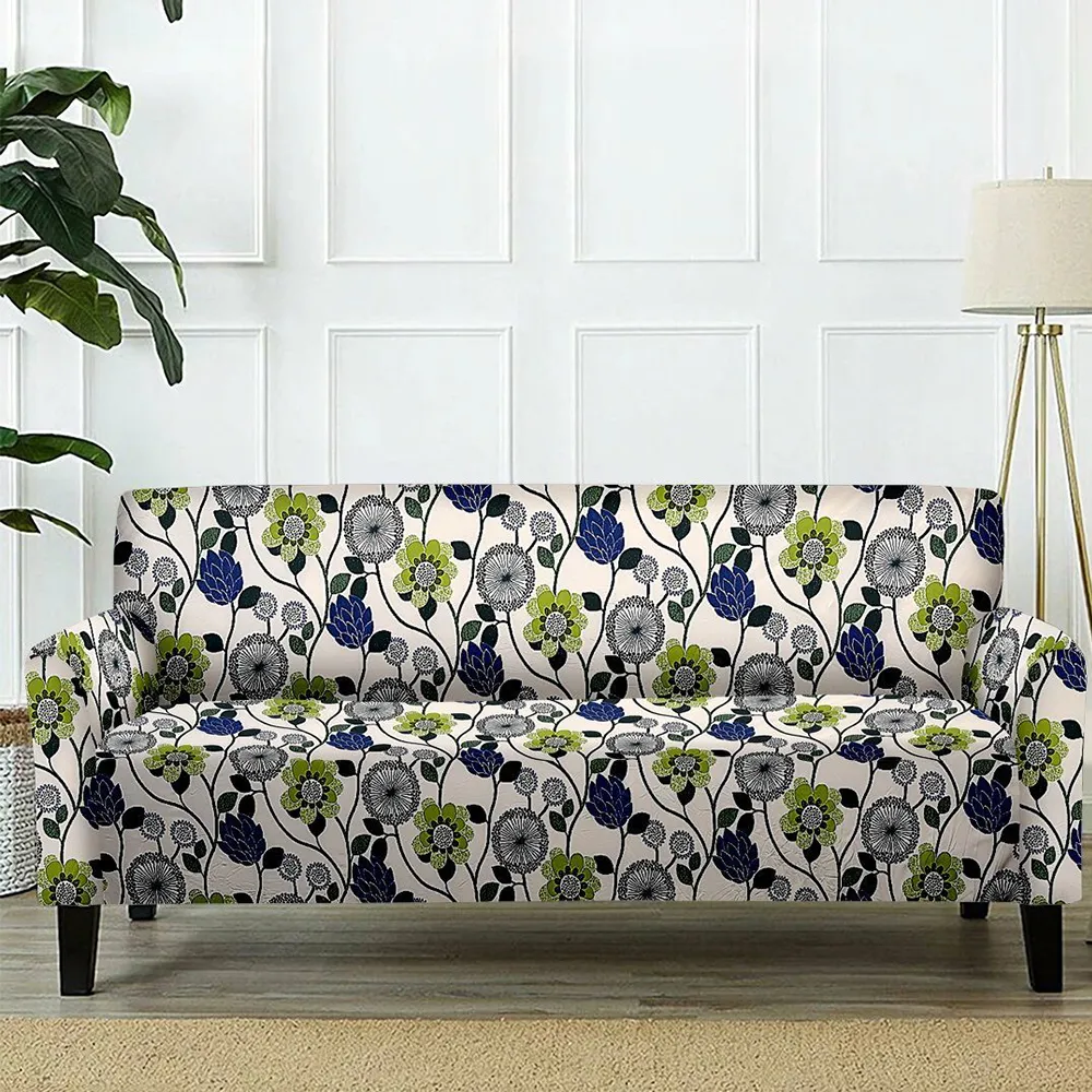 Cortina Spandex Super Stretchable Floral Print White Sofa Slipcover