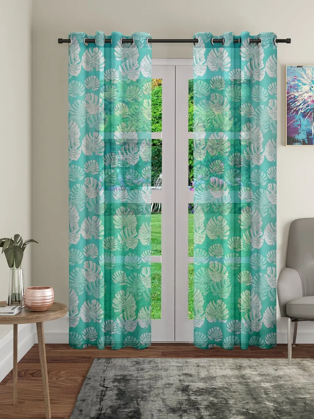 Cortina Tropical Cotyledons Turquoise Sheer Door Net Curtain