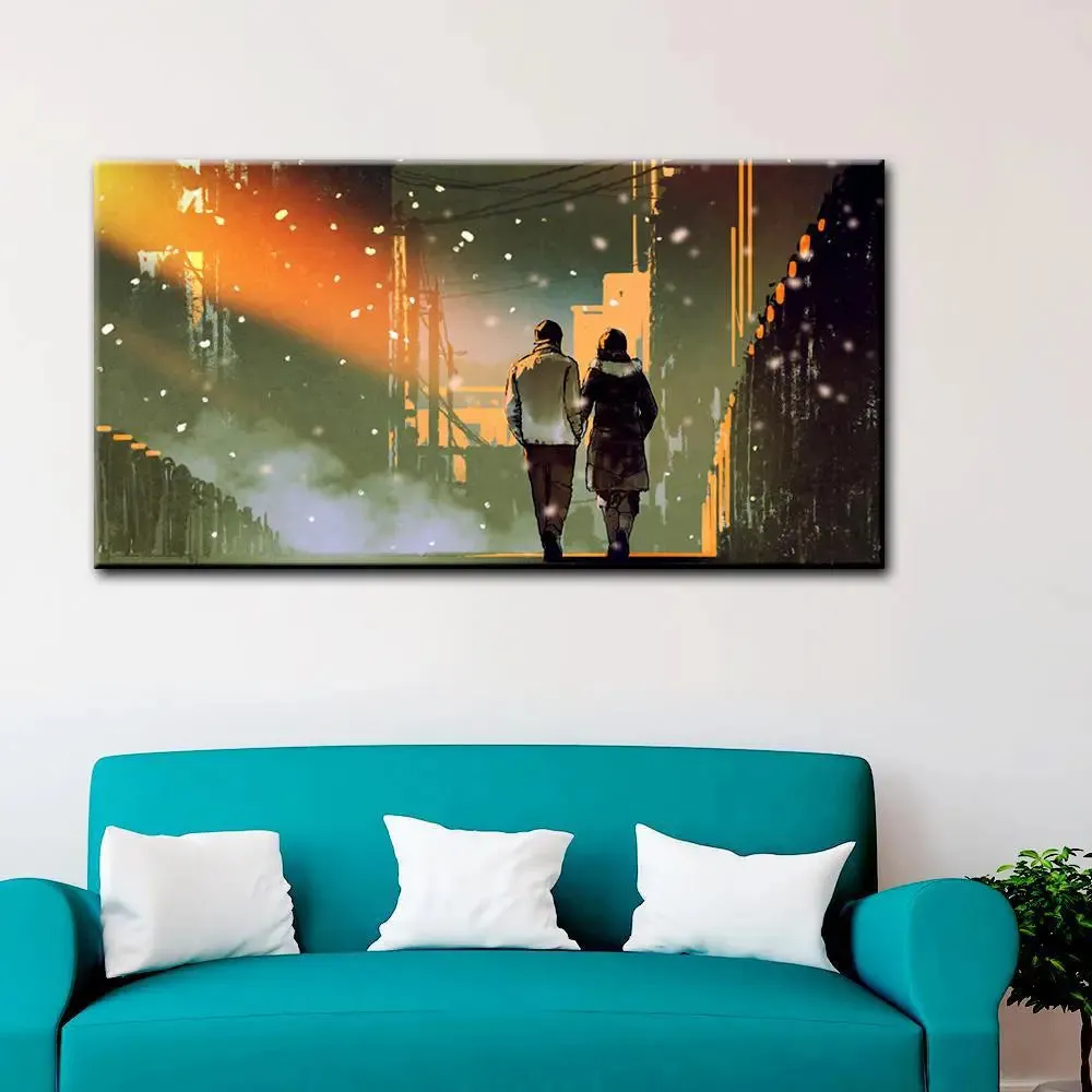 Couple in City Beautiful Scenery Canvas Printed Painting