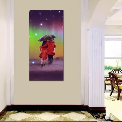 Couple Under Umbrella in Rainy Day Canvas Printed Wall Painting