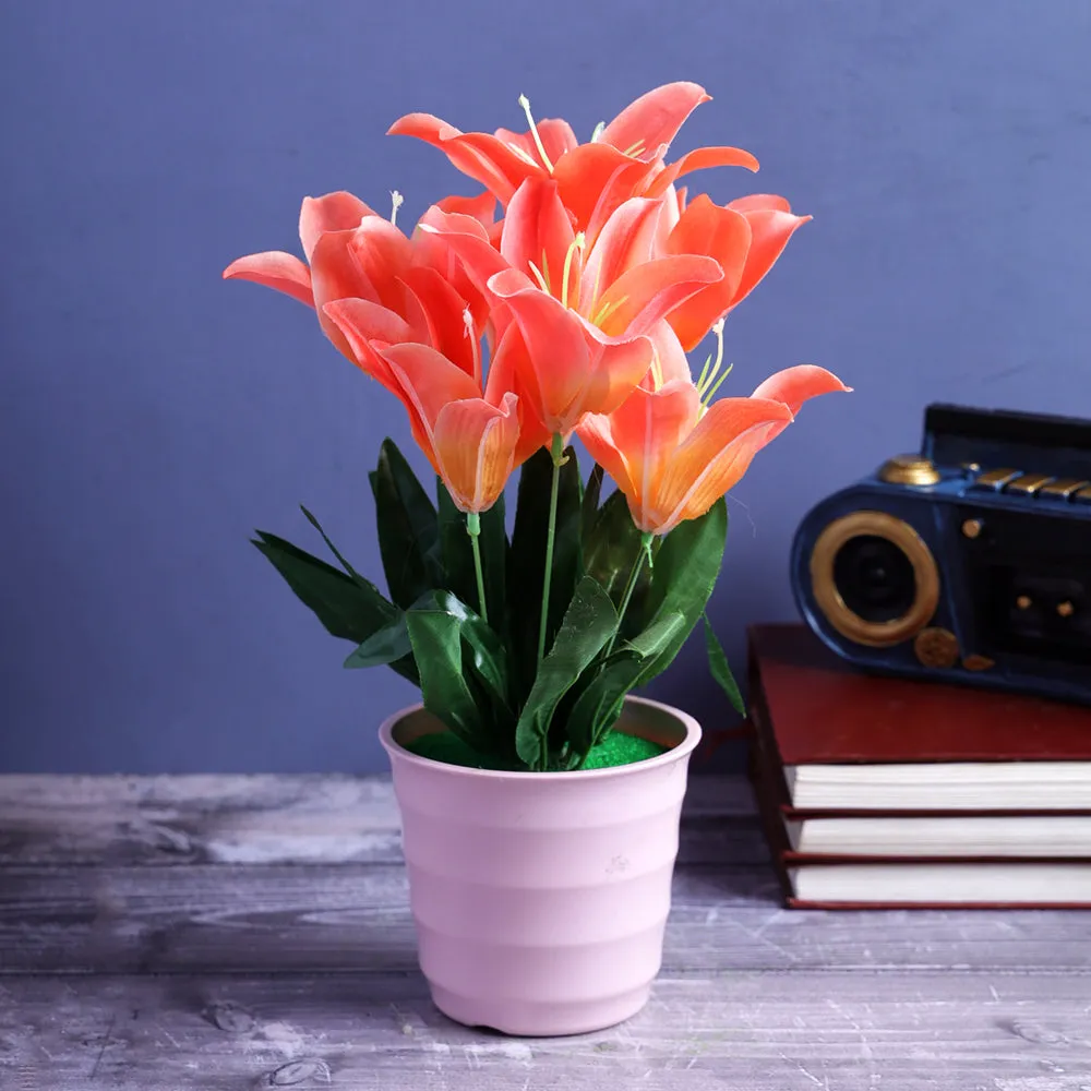 Crafted Baby Pink Small Flower Pot With Orange Flowers