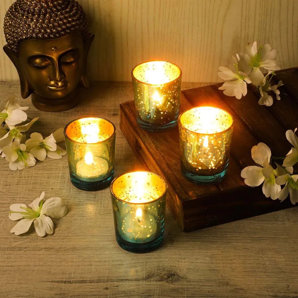 Crafted Green Glass Tea Light Candle Holders Set Of 4
