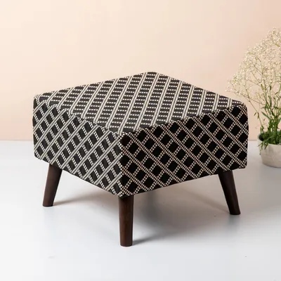 Cream and Black Patterned Woven Jacquard Cotton Upholstered Ottoman Wood Stool