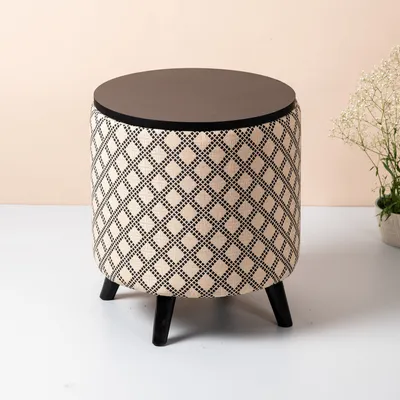 Cream and Black Patterned Woven Jacquard Storage Ottoman Wood Stool