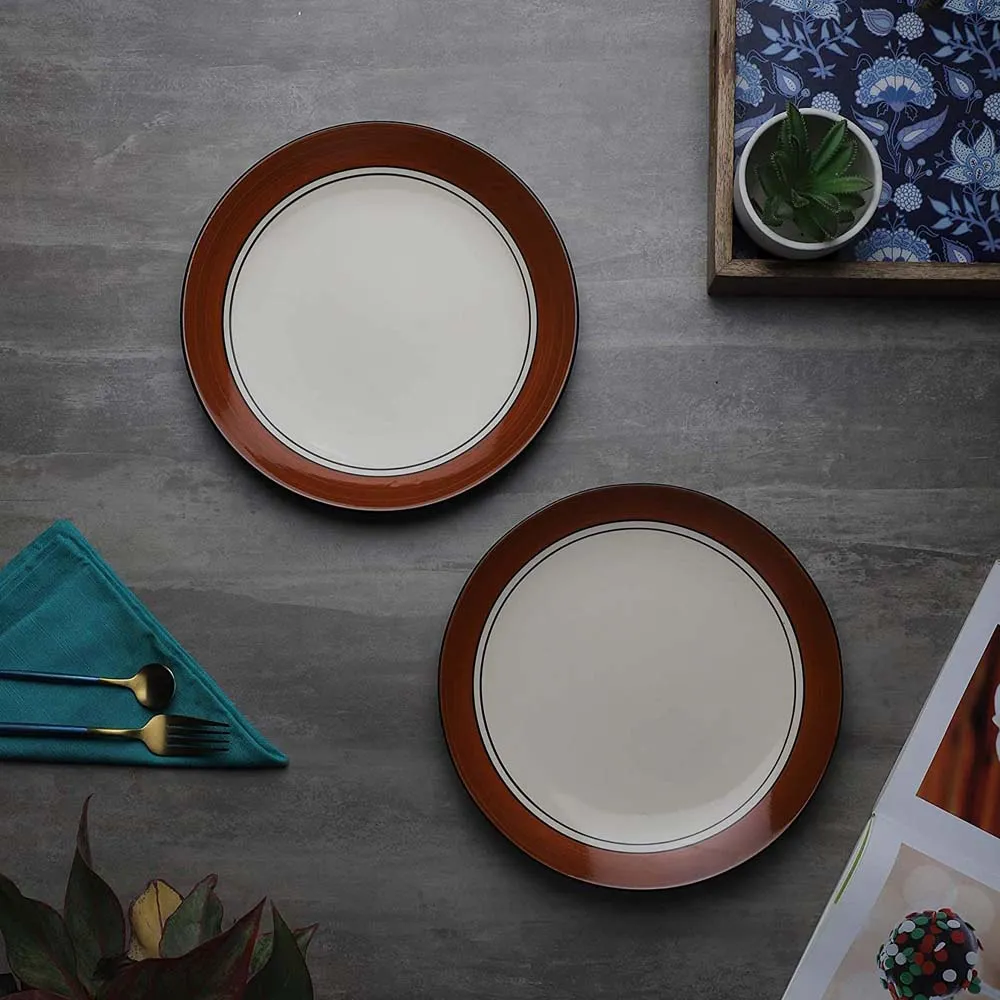 Cream & Brown Plates Pair Handpainted Ceramic Dinner Plates Set Of 2