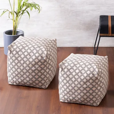 Cream Lattice Pattrened Woven Jacquard Cotton With Leatherette Pouffe Stool Set Of 2 With Filler