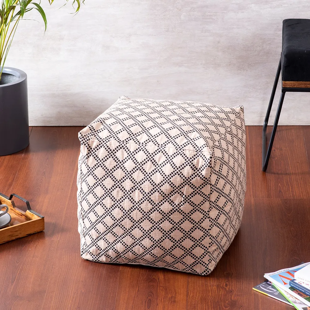 Cream Lattice Pattrened Woven Jacquard Cotton With Leatherette Pouffe Stool With Filler