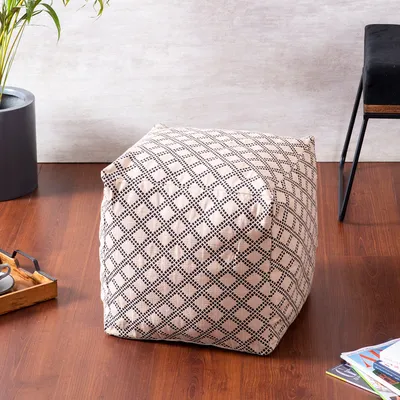 Cream Lattice Pattrened Woven Jacquard Cotton With Leatherette Pouffe Stool  Without Filler