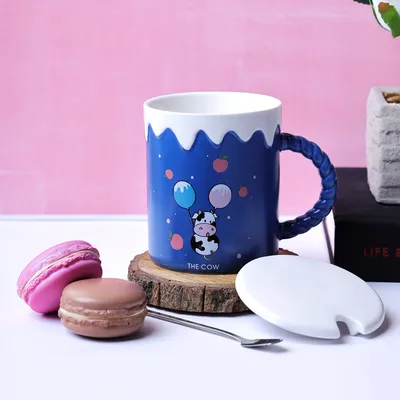 Cute Cow With Apples Printed Royal Blue Mug