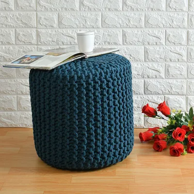 Dark Teal Solid Cotton Knitted Pouffe