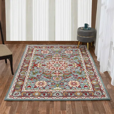 Designer Blue Traditional Print Hand Tufted Bordered Wool Carpet