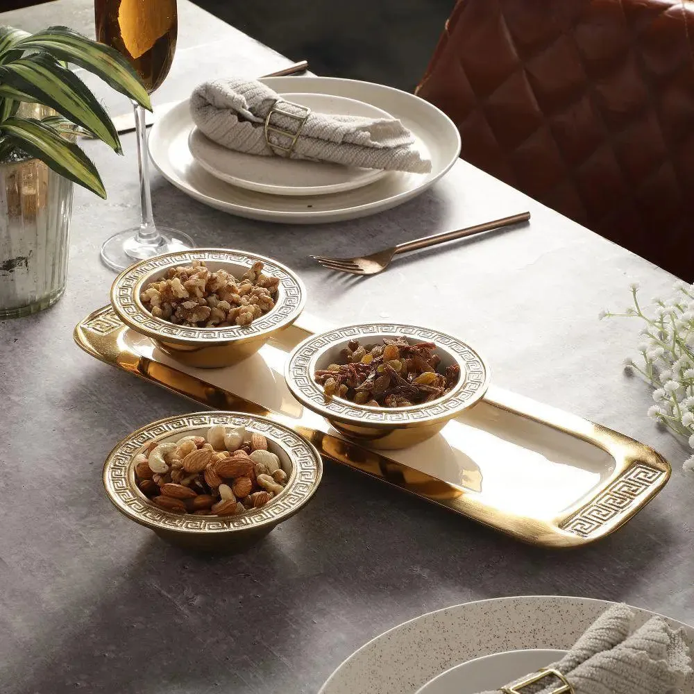 Designer Bowl & Tray Set in Blue Enamel & Gold Finish