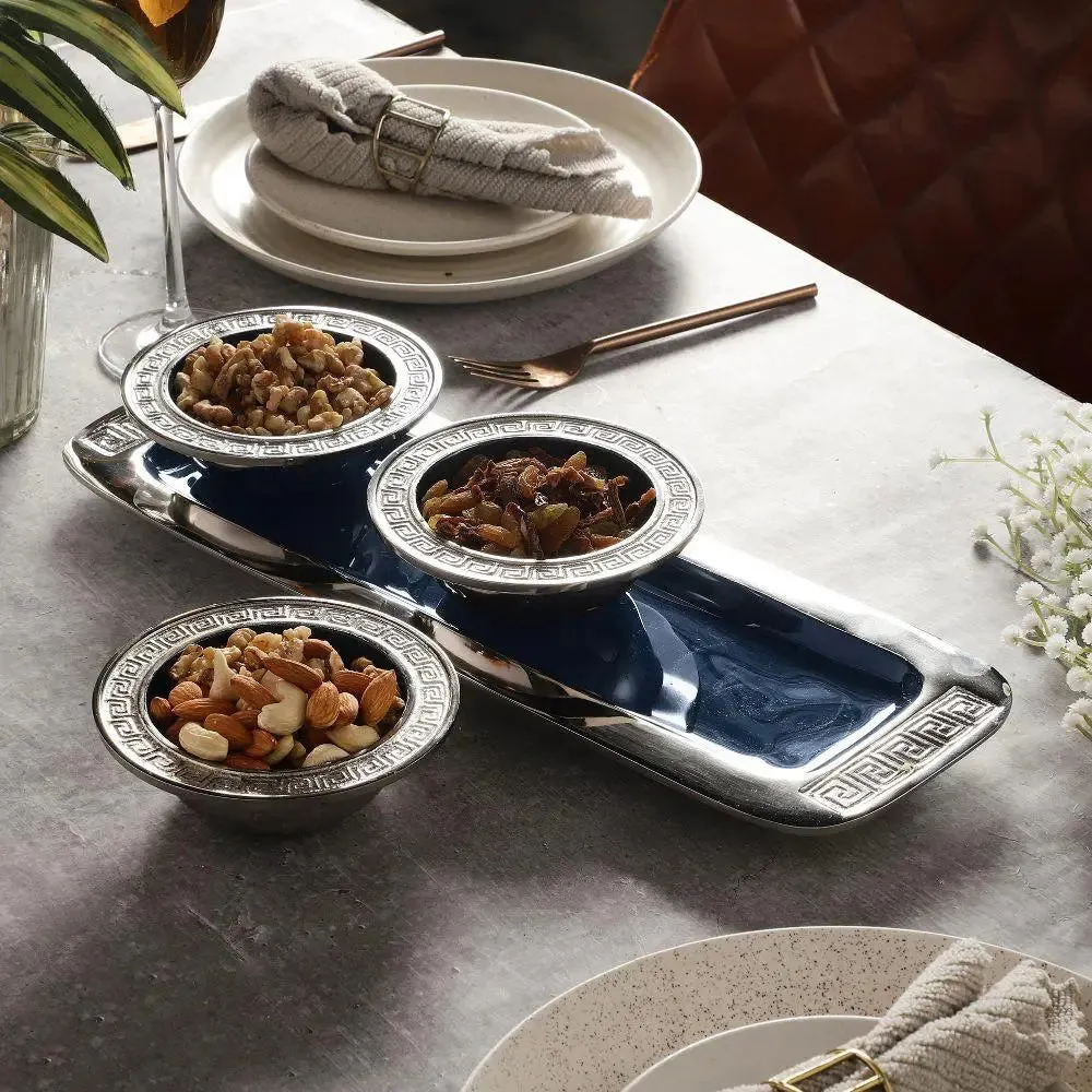 Designer Bowl & Tray Set in Blue Enamel & Silver Finish
