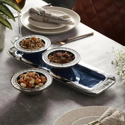 Designer Bowl & Tray Set in Blue Enamel & Silver Finish