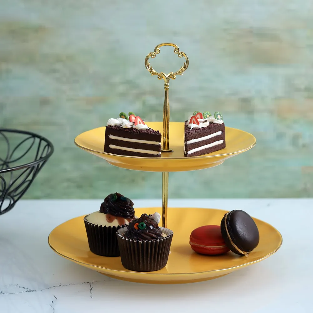 Designer Ceramic Yellow Classic Cake Stand With Golden Edge