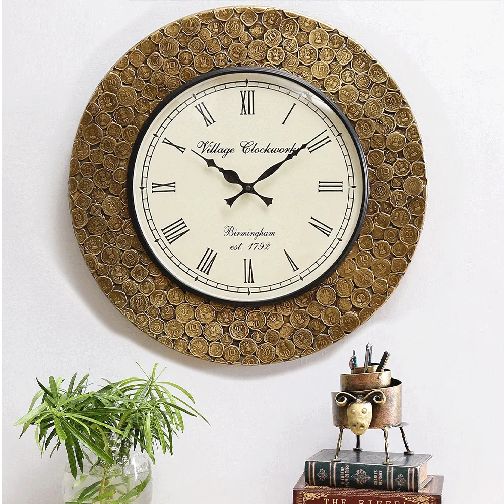 Designer Coin Motif Round Wooden Wall Clock