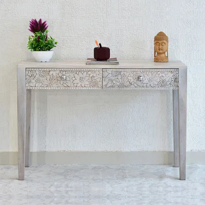Designer Double Drawer Solid Wood Natural Brown Console Table