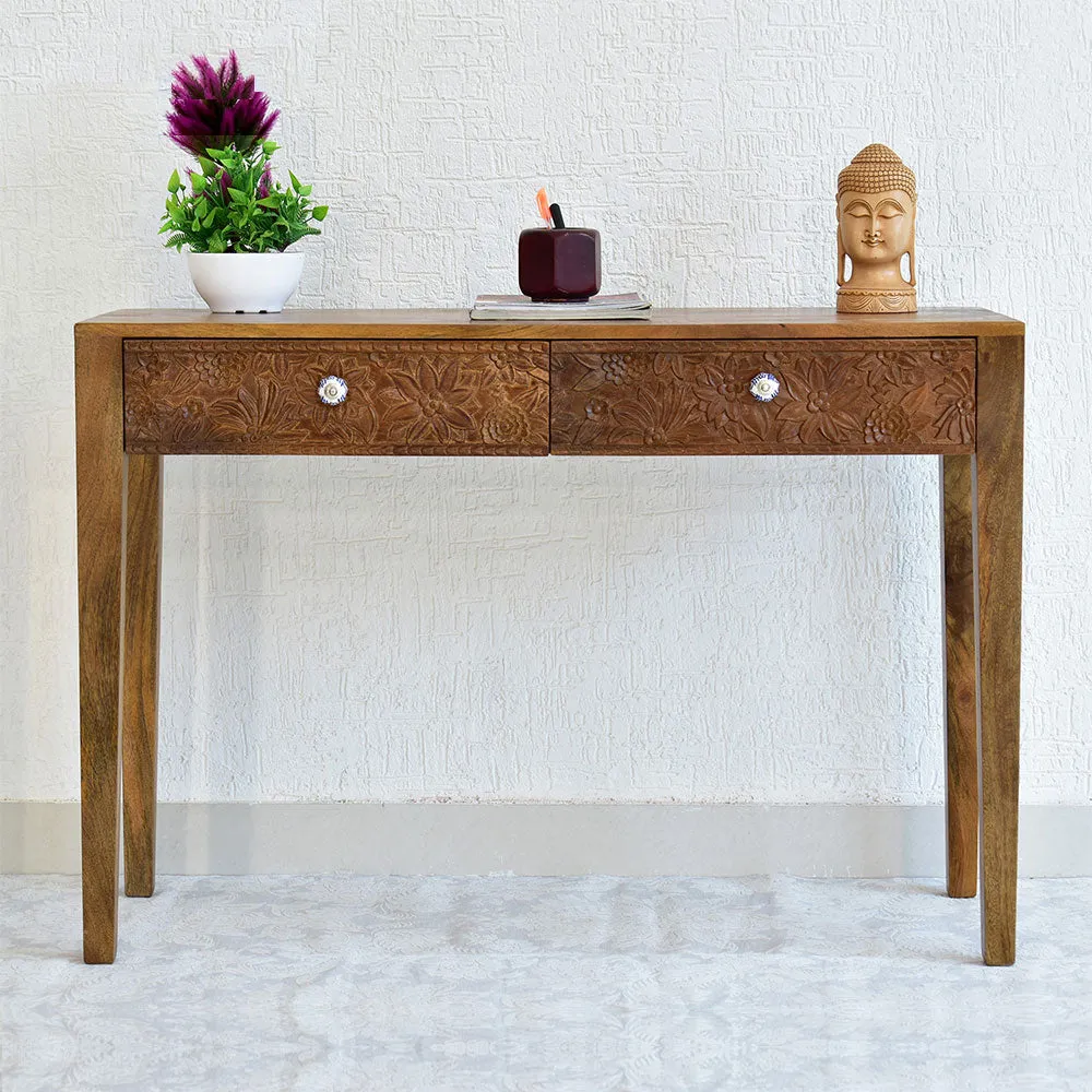 Designer Double Drawer Solid Wood Natural Brown Console Table