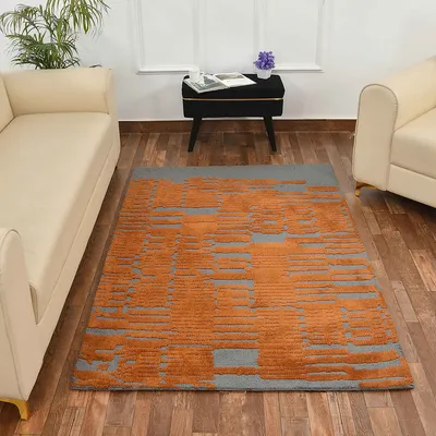 Designer Gold and Grey Abstract Print Polyester Hand Tufted Carpet