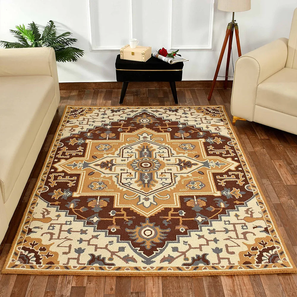 Designer Golden Traditional Print Hand Tufted Bordered Wool Carpet