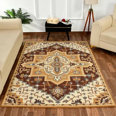 Designer Golden Traditional Print Hand Tufted Bordered Wool Carpet