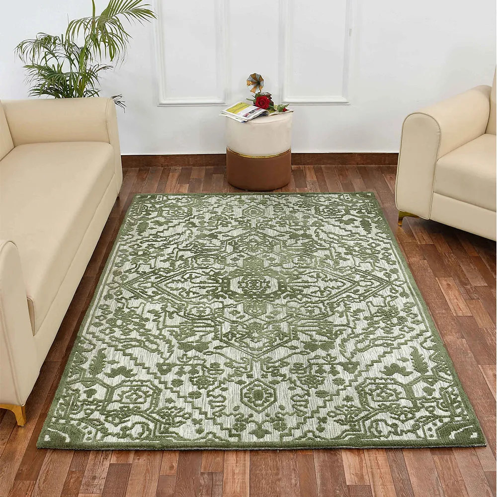 Designer Green and White Traditional Print Polyester Carpet