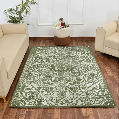 Designer Green and White Traditional Print Polyester Carpet