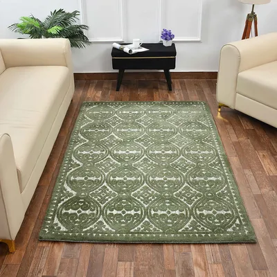 Designer Green Coloured Geometric Print Polyester Carpet for Living Room