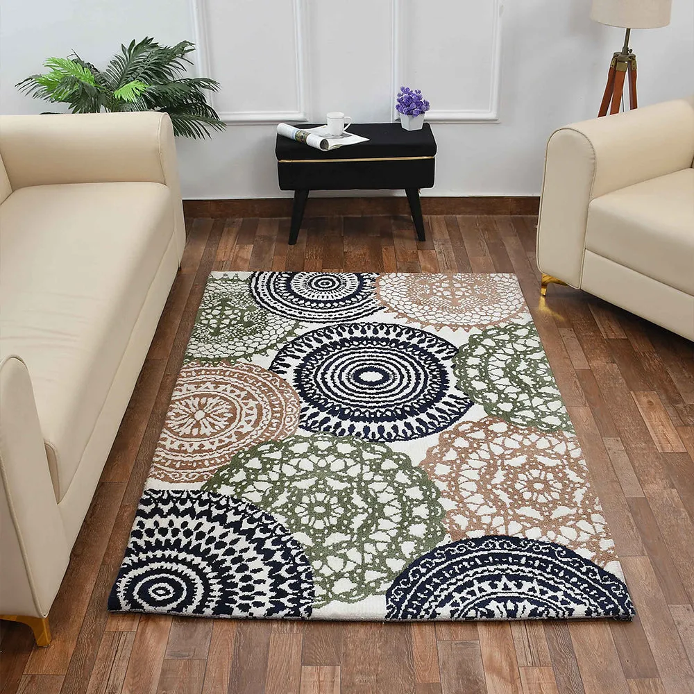 Designer Green & White Geometric Print Polyester Carpet for Living Room