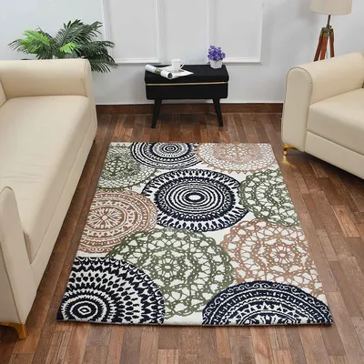 Designer Green & White Geometric Print Polyester Carpet for Living Room