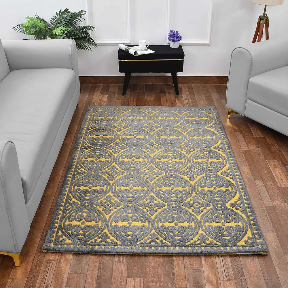 Designer Grey & Yellow Geometric Print Polyester Carpet for Living Room