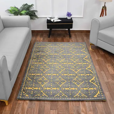Designer Grey & Yellow Geometric Print Polyester Carpet for Living Room