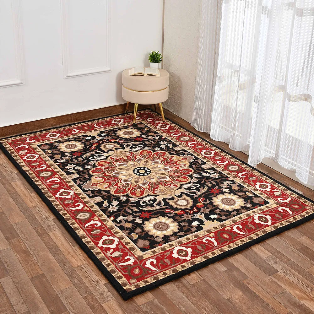 Designer Handcrafted Traditional Print Black Coloured Hand Tufted Wool Carpet