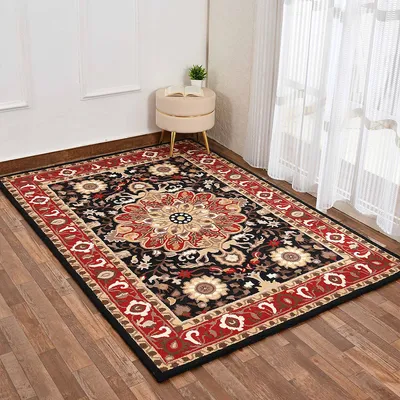 Designer Handcrafted Traditional Print Black Coloured Hand Tufted Wool Carpet