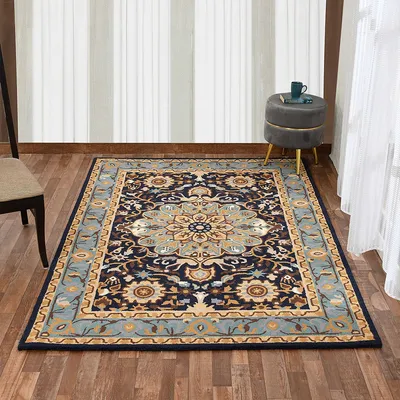 Designer Handcrafted Traditional Print Black Hand Tufted Wool Carpet