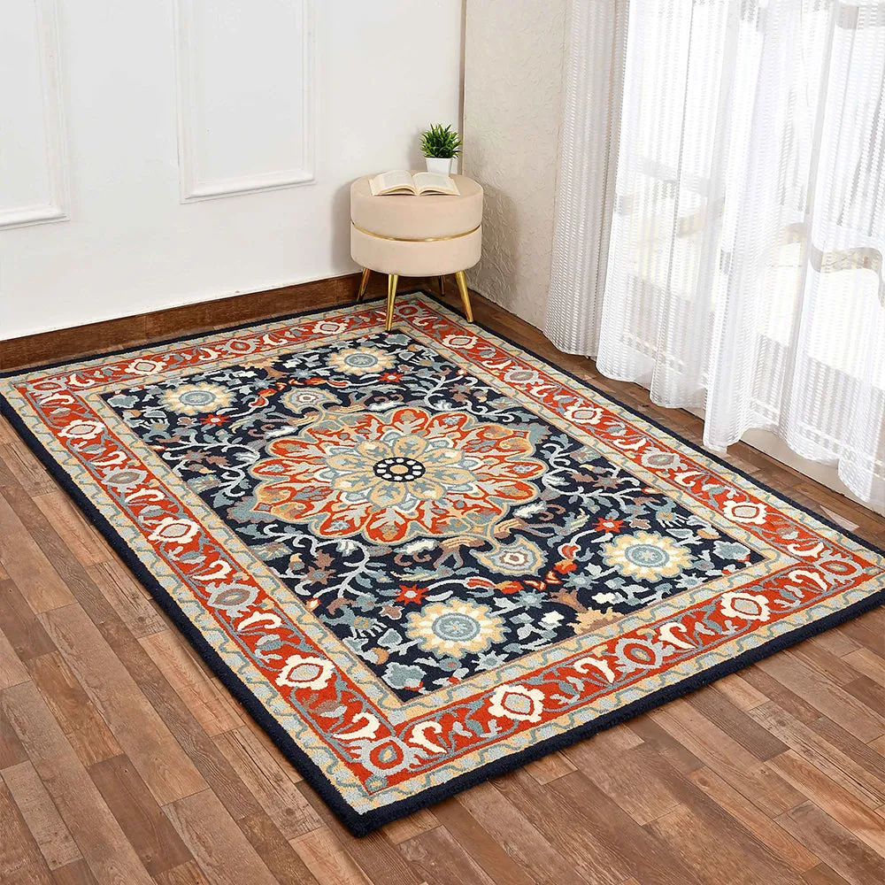 Designer Handcrafted Traditional Print Orange Hand Tufted Wool Carpet