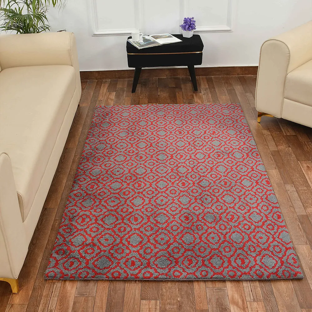 Designer Red & Grey Abstract Print Polyester Carpet for Living Room